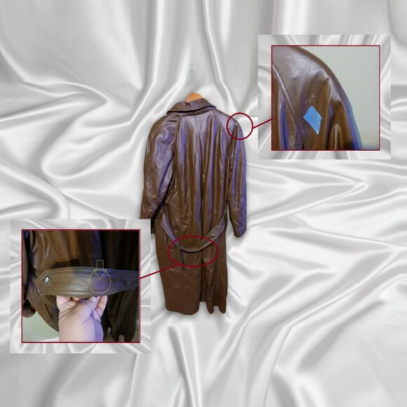 Vintage 80s Together Leather Double Breasted Maxi Trench Coat Brown Womens Sz 16 - Picture 6 of 8